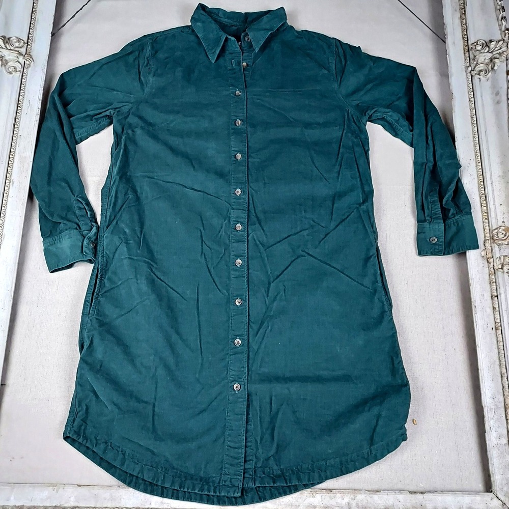 Lands' End Women's Small 6-8 Teal Green Corduroy Shirt Dress 100% Cotton